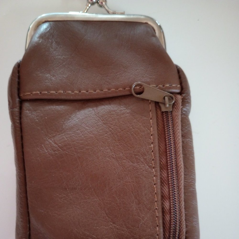 120mm leather snap top cigarette case pocket zipper compartment color brown